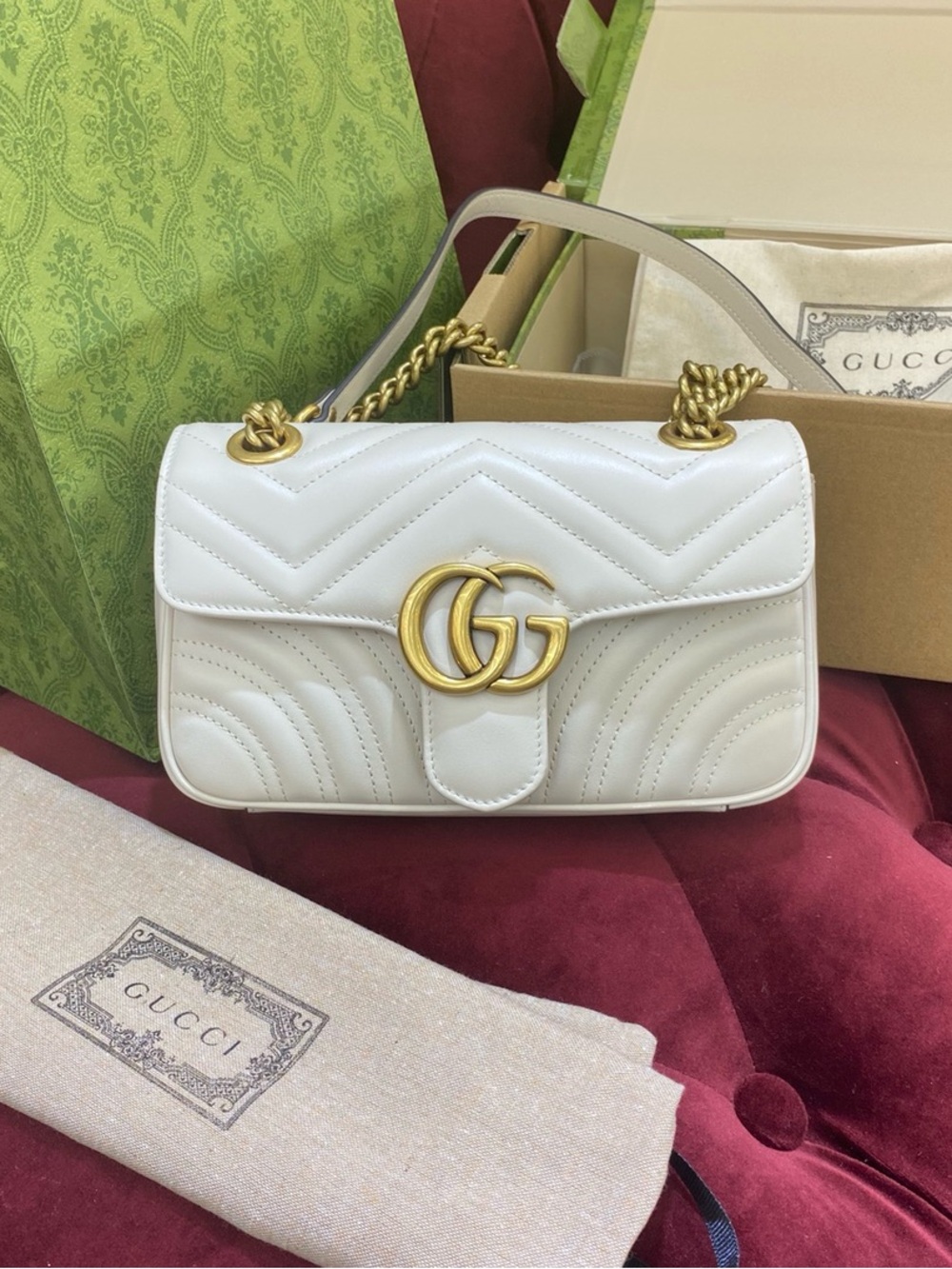 Gucci GG Marmont Shoulder Bag Gold Hardware White Matelassé Leather 22